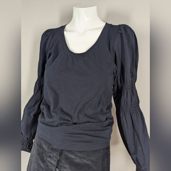 French Connection Black Tim Tim Marie Puff Sleeve Top Small Jersey Knit - Picture 5 of 10